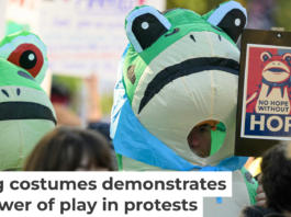 Demonstrators in frog costumes during the “No Kings” protest on Oct. 18, 2025, in Portland, Ore. Mathieu Lewis-Rolland/Getty Images